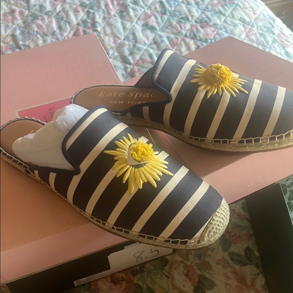 kate spade Navy and Cream Striped Espadrille Mules with Yellow Daisy